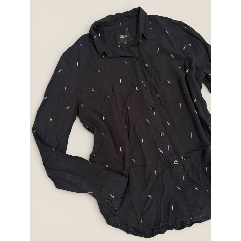 Rails Rocsi Black Multi Lightning Bolt Print Rayon Button Down Shirt Womens S - Picture 2 of 6